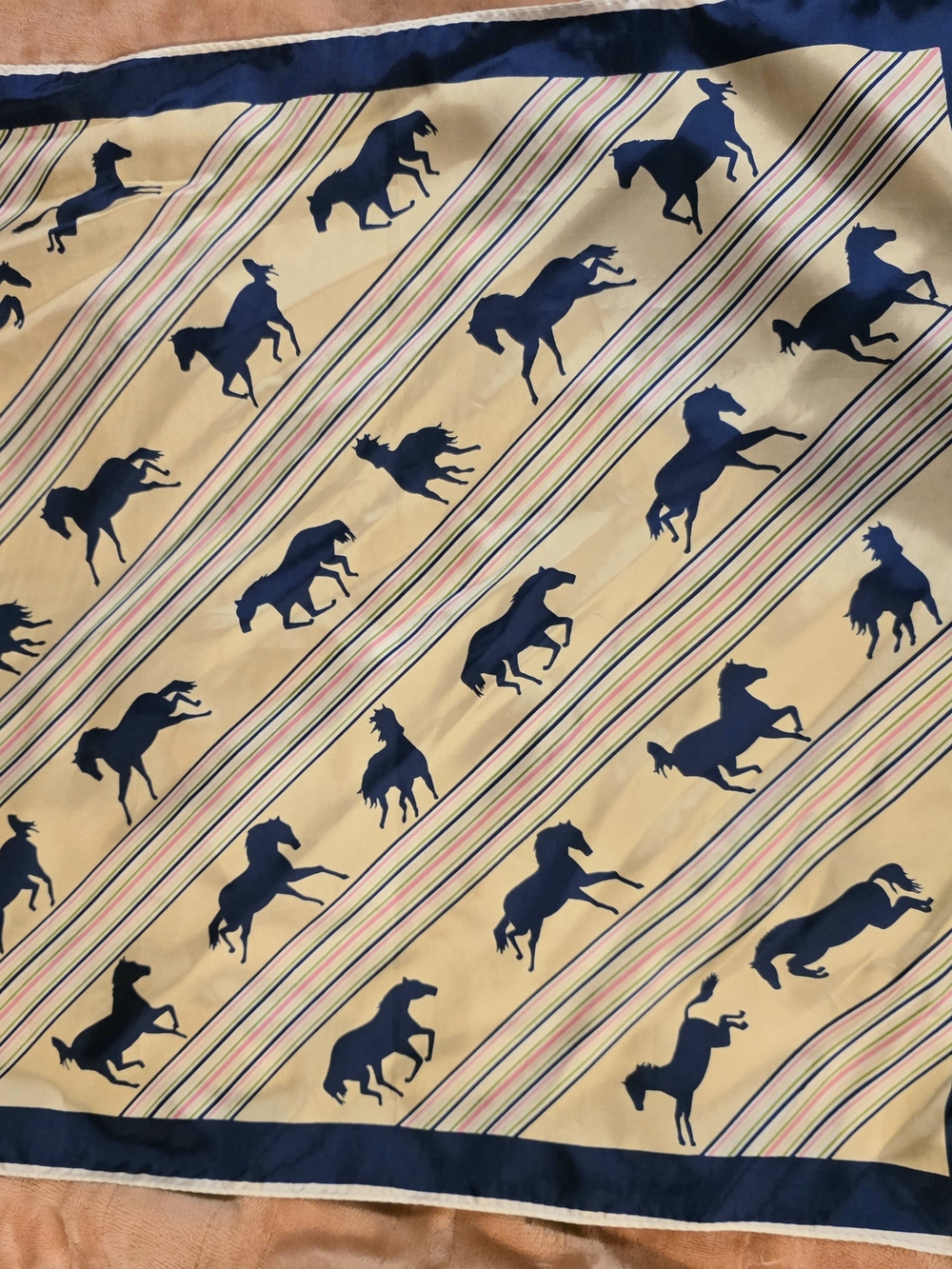 Vintage Western Blue Horse-Print Silk Scarf with Cream& Multicolor Stripes 20in